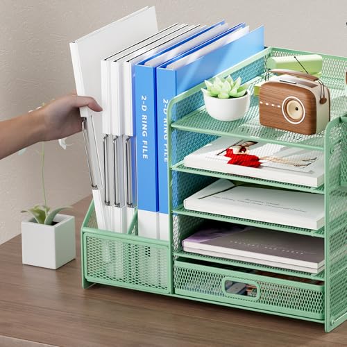 Marbrasse Desk Organizer with File Holder, 5-Tier Paper Letter Tray Organizer with Drawer and 2 Pen Holder, Mesh Desktop Organizer and Storage with Magazine Holder for Office Supplies (Green) - color: Green