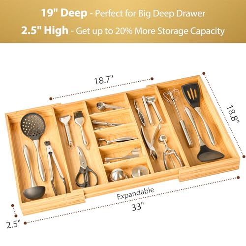 Umilife Extra Large Expandable Kitchen Drawer Organizer for Utensil and Junk, 19" Deep for Big Drawer, 19" to 33" Adjustable Bamboo Wood Drawer Divider, Cutlery Tray, Flatware Holder - style: For Utensil (19"~33" x 19")