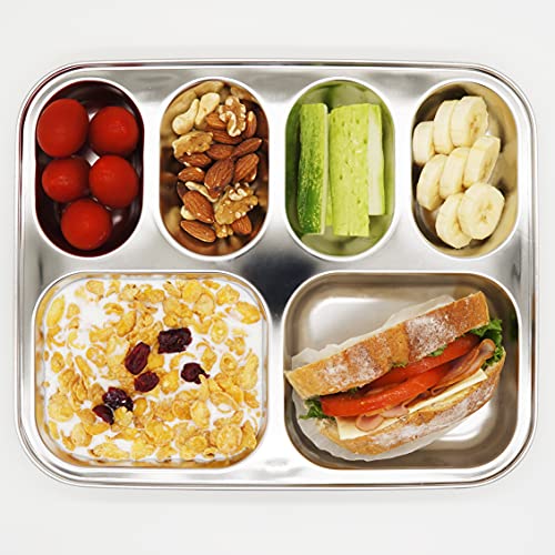 Korean Stainless Steel Divided Plates for Kids, Adults, Students, Premium 304, Electro-Polished, No Black Residue, BPA-Free, 6-Compartment Food Tray, Picky Eaters, Diet Portion Control, Set of 2 - size: 6 Compartments (12x9.5Inch)