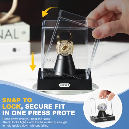 JupDec Championship Ring Display Case, Clear Acrylic Single Ring Holder with Durable Base, Dustproof Cube Showcase with Black Velvet Interior, Ideal Gift for Sports Memorabilia Fans - size: 1 Pack