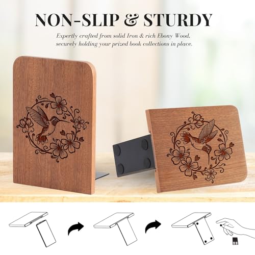 Hummingbird Wood Bookends， Bird Bookends, Gifts for Hummingbird Lovers - Heavy Duty Iron & Ebony Wood Book Ends for Shelves Bookcase Desk - 1 Pair, 4.72x6.69 Inches