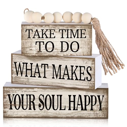Yuntau 4 Pcs Farmhouse Tabletop Decoration Inspirational Farmhouse Tiered Tray Decor Rustic Retro Wood Bead Garland Take Time to Do What Makes Your Soul Happy Block Centerpiece Sign for Home Shelf - style: Inspirational