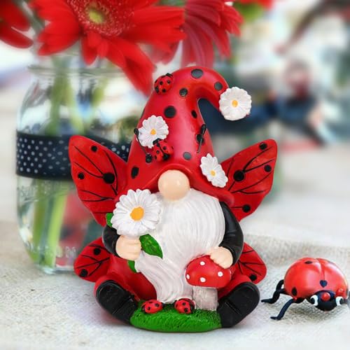 Ladybug Gnome Garden Decor, Fairy Gnome Figurine with Flowers, Spring Summer Outdoor Garden Decorations for Yard Lawn Patio, Garden Gifts for Women - color: Red