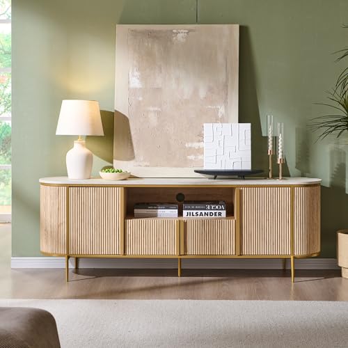 OKD Luxury 70" Fluted TV Stand, Modern Chic Entertainment Center for TVs Up to 80 inches, TV Console with Faux Marble Top, Curved Profile Design, Media Console for Living Room, Natural Oak - color: Natural Oak, size: 70" TV Stand without Fireplace