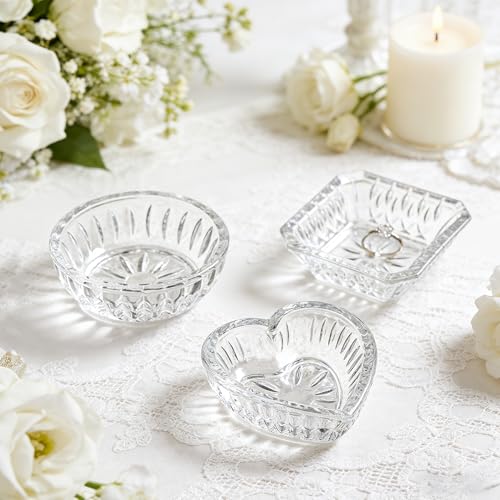 Set of 3 Clear Jewelry Dish Tray for Women Crystal Ring Holder for Wedding Engagement Birthday Mother's Day(Round, Square, Heart)