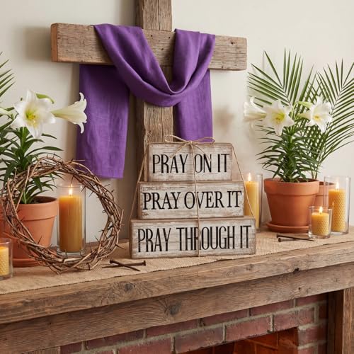 Yuntau 4 Pcs Farmhouse Wooden Tabletop Decor Bible Verse Tiered Tray Decorations Rustic Religious Christian Gift Block Sign Pray on It Centerpiece for Easter Home Kitchen Shelf Office Desk Decor - style: Pray