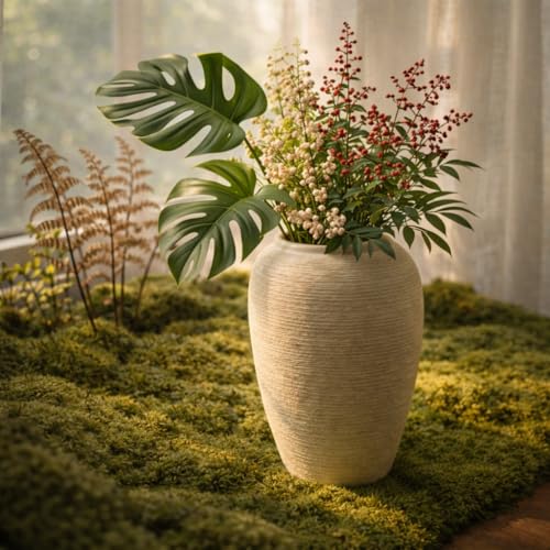 Beige Textured Ceramic Vase (9.8in Tall) - Boho Minimalist Rustic Vase with 3.4in Opening, Neutral Home Decor Vase for Fresh/Dried Flowers, Living Roo - size: 9.8in