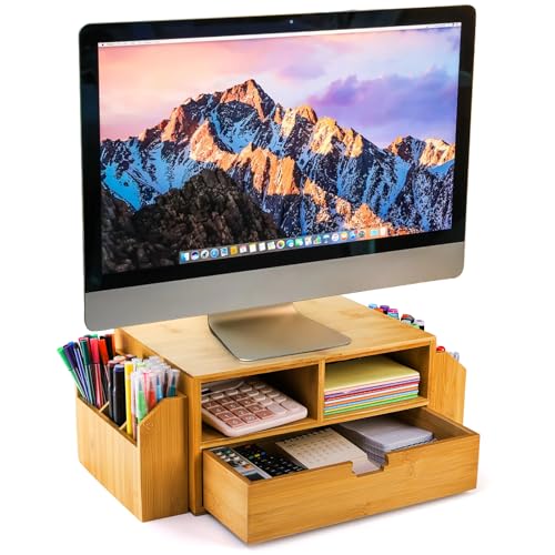Hiceeden 2 Tier Bamboo Desktop Organizer, Desk Monitor Stand Riser with 1 Drawer and 2 Pen Holder, 2 Compartment Computer Desk Storage Organizer for Laptop, Printer