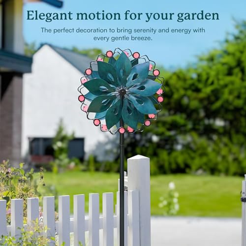 Wind Spinners Outdoor - Metal Garden Wind Spinner with Stake, Windmill for Yard, Gift for Family, 13'' W x 70.5'' H - color: Peacock Blue