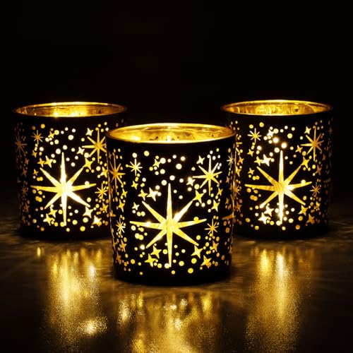 Votive Candle Holders Black and Gold, Glass Tealight Candle Holder Set of 3 with Stars Pattern, Vintage Tea Light Holders for Christmas Table Centerpiece Birthday Party Vanlentine's Day