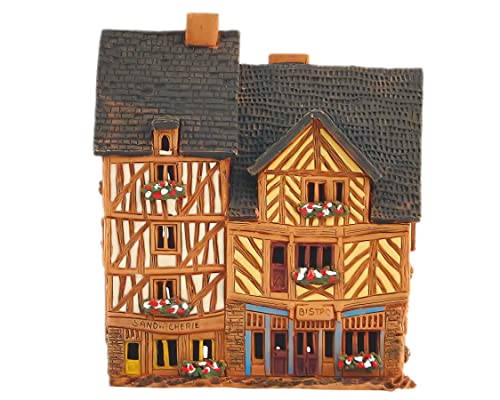 Ceramic Art Handmade Tealight Candle Holder Room Decoration Handcrafted Collectible Miniature Aroma Light House Traditional Half-Timbered Houses in The Old Town of Rennes, France B299AR*
