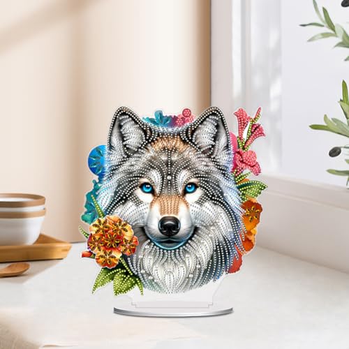 5D Tabletop Diamond Art Kit Flower Wolf, Stand Up Special Shaped Crystal Diamond Art Desktop Kits for Adults, DIY Diamond Painting Kits Craft, Box Package - color: Flower Wolf