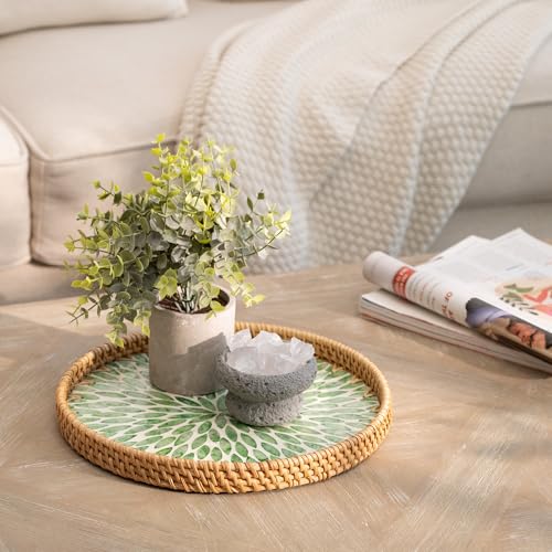 StorageWorks Decorative Coffee Table Trays for Home Decor, Round Rattan Tray with Mother of Pearl Inlay, Small Wicker Woven Serving Tray Decor for Kitchen Counter, Living Room and Ottoman, Green - color: Green Leaf, size: 11.8"