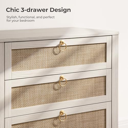SICOTAS White Night Stand with Drawers - Large Rattan Bedside Table with Golden Handle, 3 Drawers Nightstand Tall End Table Side Table Boho Nightstand for Bedroom - color: White Cream Oak