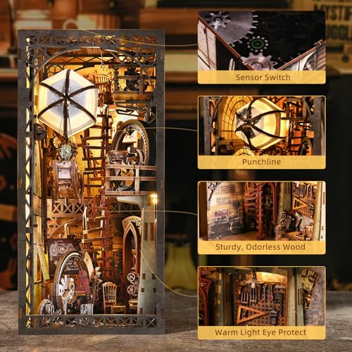 TOYQI Book Nook Kit, Book Nook Kits for Adults, DIY Miniature Dollhouse Kit 3D Wooden Puzzle Booknook Bookend with LED Light - style: UNCLE PETER'S WAREHOUSE