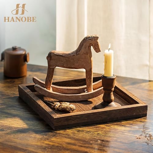 Hanobe Serving Tray Decor for Table: Small Wood Decorative Trays for Ottoman Coffee Tables - Farmhouse Square Wooden Centerpiece for Kitchen Counter Home Living Room 10inch Brown