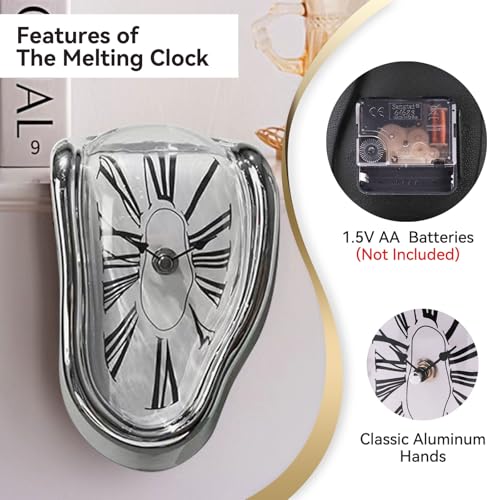 Melting Shelf Clock Art Decor - Salvador Dali Surreal Dripping, 8x4 in Bright Silver Polished Shelf & Desk Gift - color: Silver