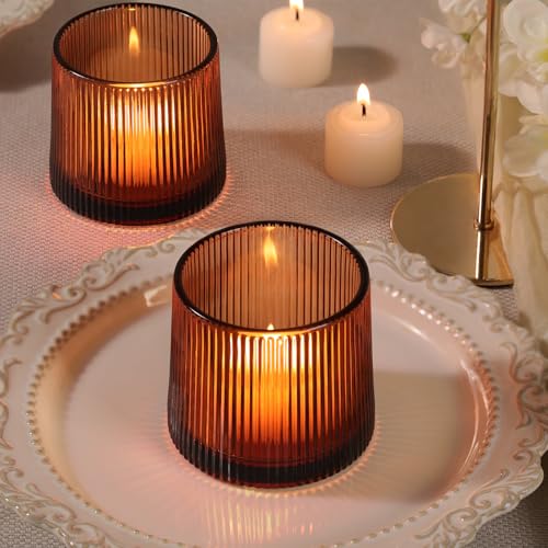 Amber Ribbed Tealight Votive Candle Holders- 6Pack Glass Candle Holders for Table Centerpiece, Home Decor, Wedding Decor, Party Dinner - color: Amber, size: 6Pcs