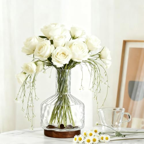 Clear Glass Vase Flower, Rippled Flower Vases with Wooden Base, 10-inch Modern Round Vases, Suitable for Living Room, Dining Room... (10in) - size: 10in