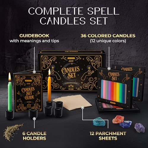 WYSPELL 36 Colored Spell Candles | 5" x 1/2" | Taper Candles Kit for Witchcraft & Decor | 6 Chime Candle Holders | Wiccan Supplies & Candlesticks Set