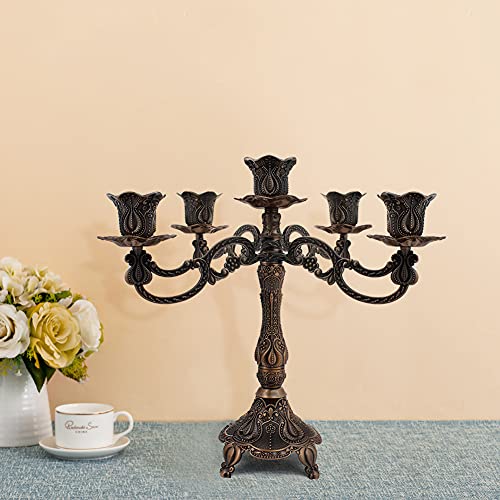 5-Candle Metal Candelabra 10.3 Inch Tall Candlestick Candle Holders for Home Decor Wedding Christmas Church Halloween Party, Red Bronze Tulip - color: Red Bronze-tulip