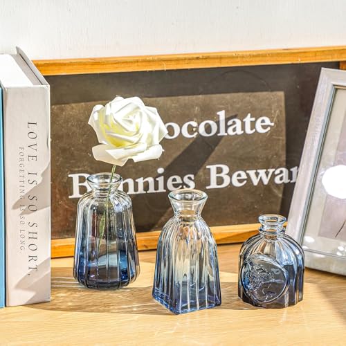 12 Pack Blue Glass Bud Vase Set, Small Vintage Vases for Centerpieces, Decorative Flower Vases for Wedding Home Table Decor - color: Blue, size: 12pcs