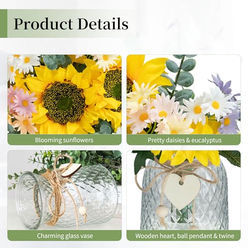 BLOSMON Sunflower Fake Flowers in Vase: Sunflowers Artificial Flowers with Vase for Table Centerpieces Decor - Silk Flower Bouquet Faux Arrangements Kitchen Bathroom Wedding Party Decoration