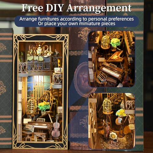 MiniCity DIY Book Nook Kit, Miniature Dollhouse Booknook Kit, 3D Wooden Puzzle Bookend Bookshelf Insert Decor with LED Light for Teens and Adults (Pianist with Nightingale) - style: Pianist with Nightingale