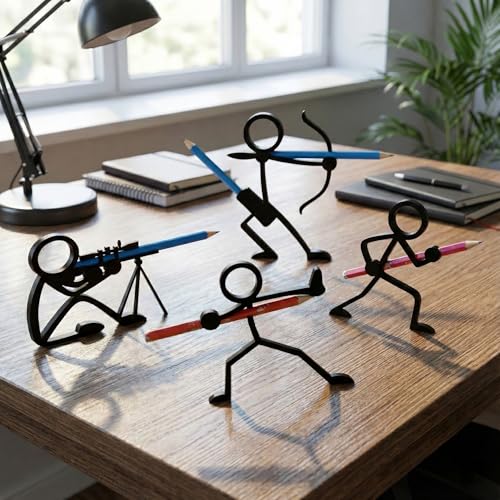Minimalist 3D Printed Desktop Organizer Set (4 Pack), Decorative Silhouette Pen Stand, Creative Humanoid Pose Pencil Cup, Unique Office Decor and Teacher Gift, Black Matte Finish