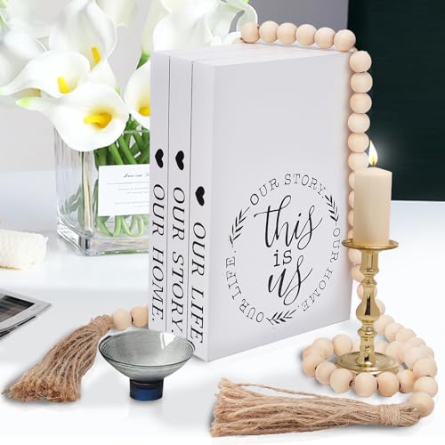 Decorative Books for Home Decor, Faux Books for Decoration, Rustic Farmhouse Decor, Fake Books with 52in Wood Beads Garland, Book Decor for Living Room Coffee Table (Our Life, Our Story, Our Home) - color: Our Life, Our Story, Our Home