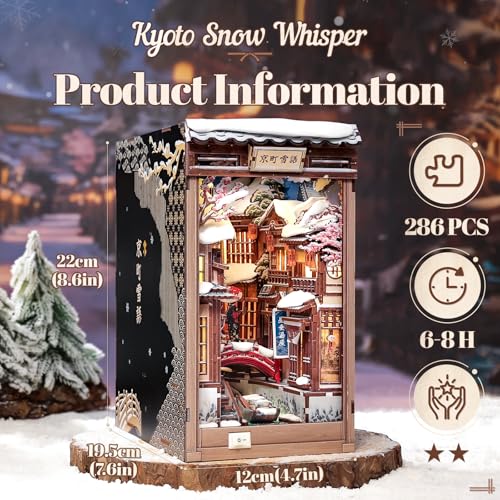 Fsolis DIY Book Nook Kit for Adults – Japan Booknook 3D Wooden Puzzles Japanese Winter Scene Miniature Model Mini Build House Craft Gift for Women Hobbies (Kyoto Snow Whisper) - style: Kyoto Snow Whisper