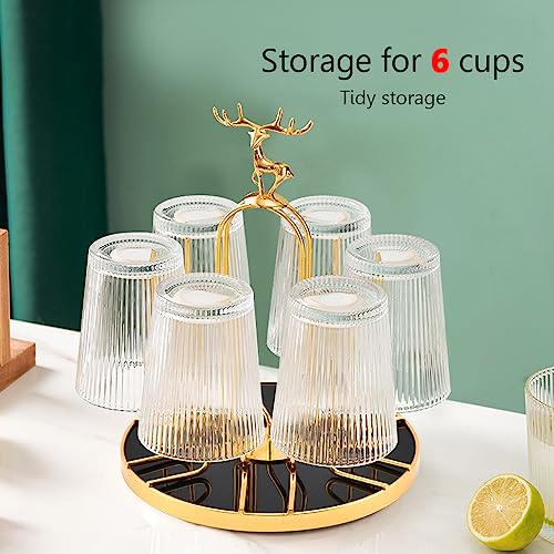 Rotating Bottle Drying Rack, Light Luxury Non-Slip Glass Cup Drying Holder, Elk Design Mug Organizer Stand with 6 Silicone Protective Hooks for Home, Office, Kitchen