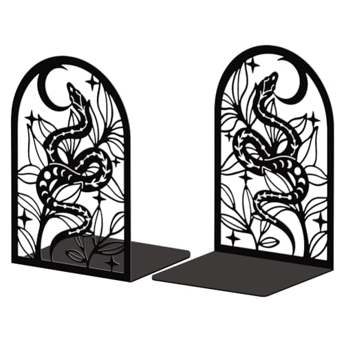 Peacoblue Metal Bookends for Shelves, Modern Decorative Heavy Duty Study Book Support Stoppers for Office, Desk, Shelf, Room 5.3"x4.3"x7.9" Cast Iron Simple Bookends, 1 Pair (Bohemia Snake and Flower) - style: Bohemia Snake and Flower