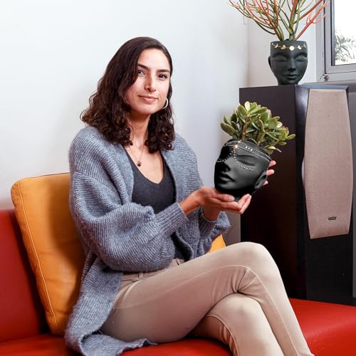 Head Planter - Indoor & Outdoor Home Decor Gifts for Plant Lovers - for Flat Surface or Wall Mount - Unique Face Planter for Flowers, Succulents, & More (7 inch, Serena Design, Black) - color: Serena Black