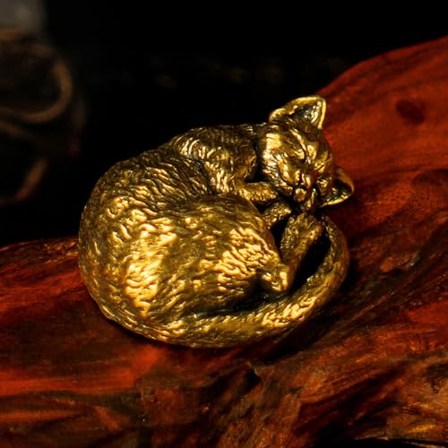 CHOVY Vintage Brass Sleeping Cat Statue - Solid Handcrafted Curled Up Feline, Cozy Desk Sculpture for Study, Bedroom Shelf & Soothing Decor Gift for Stress Relief & Cat Lovers - color: Lying Cat