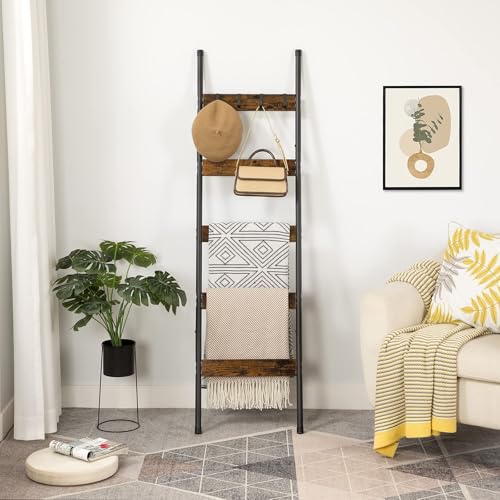 HOOBRO Blanket Ladder, 5-Tier Towel Rack with Hooks, Wall-Leaning Blanket Rack, Decorative Display Ladder Shelf, for Scarves, Industrial, Living Room, Bedroom, Rustic Brown and Black BF52CJ01 - color: Rustic Brown + Black, size: 17.3"L x 63"W