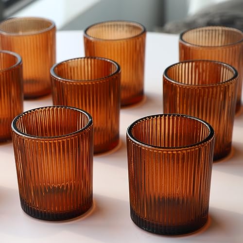 VOHO Amber Candle Holders for Votive Candles/Tea Lights Candles, Ribbed Votive Candle Holders for Table Centerpiece, 12pcs Tealight Candle Holder Decor for Thanksgiving & Christmas - color: Brown
