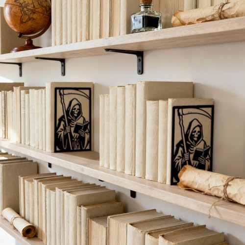 Peacoblue Metal Bookends for Shelves, Modern Decorative Heavy Duty Study Book Ends Stoppers for Office Desk Shelf Room 5.3"x4.3"x7.9" Cast Iron Bookends 1 Pair (Grim Reaper Reading Book with Sickle) - style: Grim Reaper Reading Book with Sickle