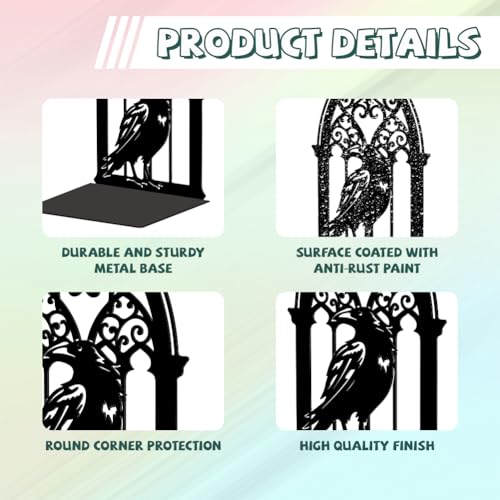 Peacoblue Metal Bookends for Shelves, Modern Decorative Heavy Duty Study Book Support Stoppers for Office, Desk, Shelf, Room 5.3"x4.3"x7.9" Cast Iron Simple Tall Bookends, 1 Pair (Gothic Crow) - style: Gothic Crow