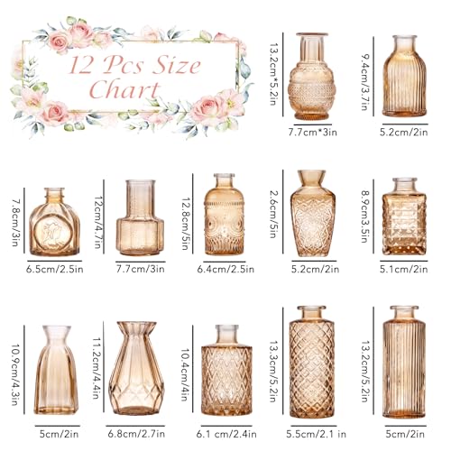 12 Pcs Glass Bud Vase Set, Small Glass Vases for Flowers, Mini Clear Bud Vases for Centerpieces, Wedding, Home, Office and Table Decoration, Amber - color: Amber, size: 12pcs