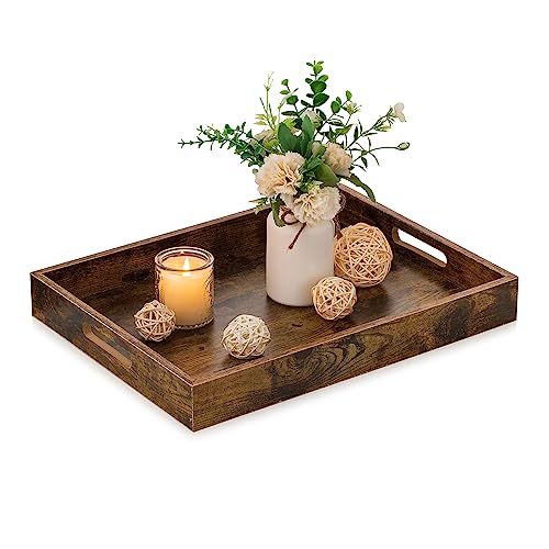 Hanobe Brown Decorative Serving Trays: Rustic Brown Rectangle Tray Decor with Cutout Handles for Coffee Table Ottoman Living Room Kitchen Home Decor - size: 13.4" x 9.5" x 1.8"