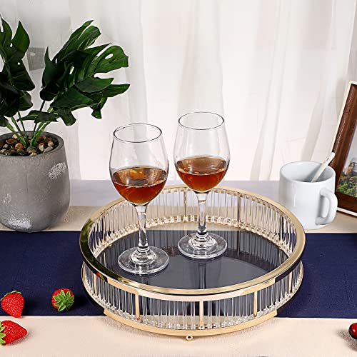 Hipiwe Gold Metal Perfume Tray - 12" Round Vanity Makeup Tray Jewelry Trinket Organizer Tray Coffee Table Decorative Tray Dresser Bathroom Tray with Acrylic Column Decor and Clear Glass Base