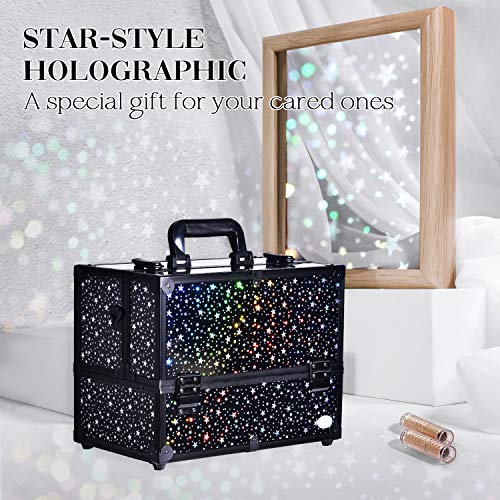 Makeup Case 6 Trays Large 14" x 8.5" x 11" Train Cases Cosmetic Organizer Storage Box by Joligrace - Star Pattern - color: Black Star