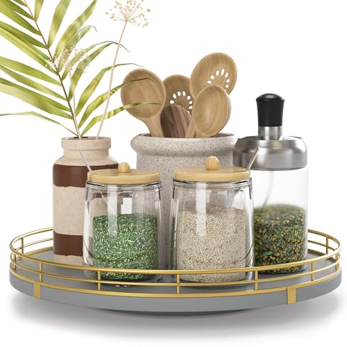 10" Wooden Lazy Susan Turntable for Cabinet – Rotating Spice Rack Organizer, Small Gray Kitchen Countertop Round Tray for Dining Table & Pantry Storage - color: Gray & Gold, size: 10