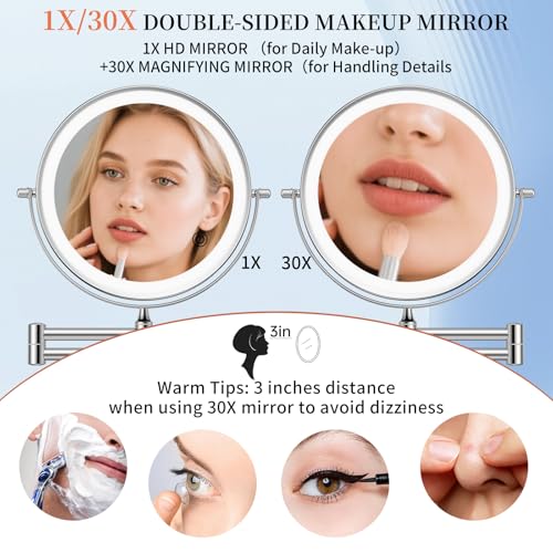 FUNTOUCH 5000mAh Rechargeable Wall Mounted Makeup Mirror with Lights, 9" Double Sided 1X/30X Magnifying Mirror with Dimmable 3 Color Light, Extended Swing Arm 360° Wall Mount Bathroom Mirror,Chrome - color: Chrome-30x