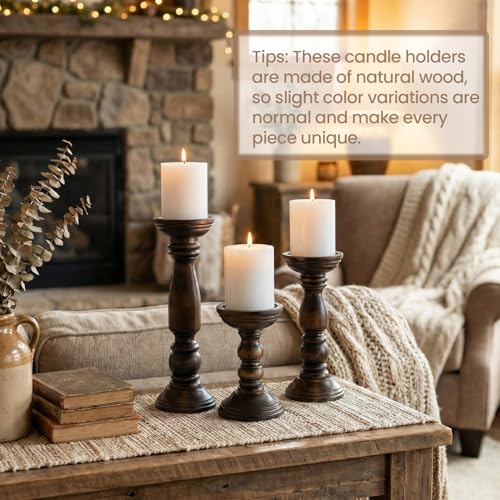 Farmhouse Wooden Candle Holders for Pillar Candles Set of 3, Rustic Wood Candle Holder Table Centerpiece Decor, 12'' 9'' 6'' Vintage Tall Candle Stand Decorative, Dark Brown - color: Vintage Brown