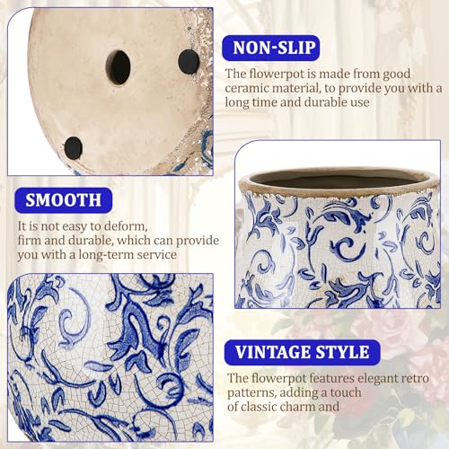 Ceramic Scroll Planter 6.5 Inch Chinoiserie Floral Vase with Drainage Holes Vintage Flower Vase Flower Pot Rustic Ceramic Pots for Indoor Plants Garden Home Bookshelf Decor (Retro Blue) - style: Retro