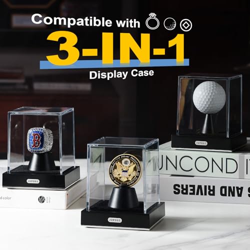 JupDec Championship Ring Display Case, Clear Acrylic Single Ring Holder with Durable Base, Dustproof Cube Showcase with Black Velvet Interior, Ideal Gift for Sports Memorabilia Fans - size: 1 Pack