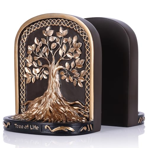 Tree of Life Bookends, Black Gold 2 Non-Skid Heavy Decorative Bookends for Shelves Or Bookcase, Elegant Bookends for Library Office Decor, Home Décor Gift - color: Black Gold