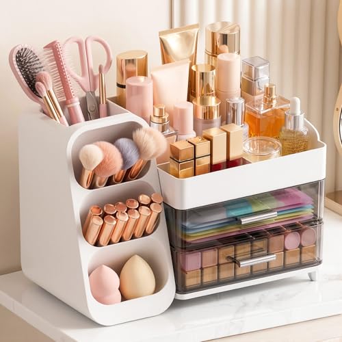 Large Capacity Makeup Organizer Countertop with Makeup Brush Holder for Vanity, Thickened Material, Bathroom Countertop Organizer Skin Care Perfumes Storage, Teen Girl Gifts for 12-23 Year（white） - color: White